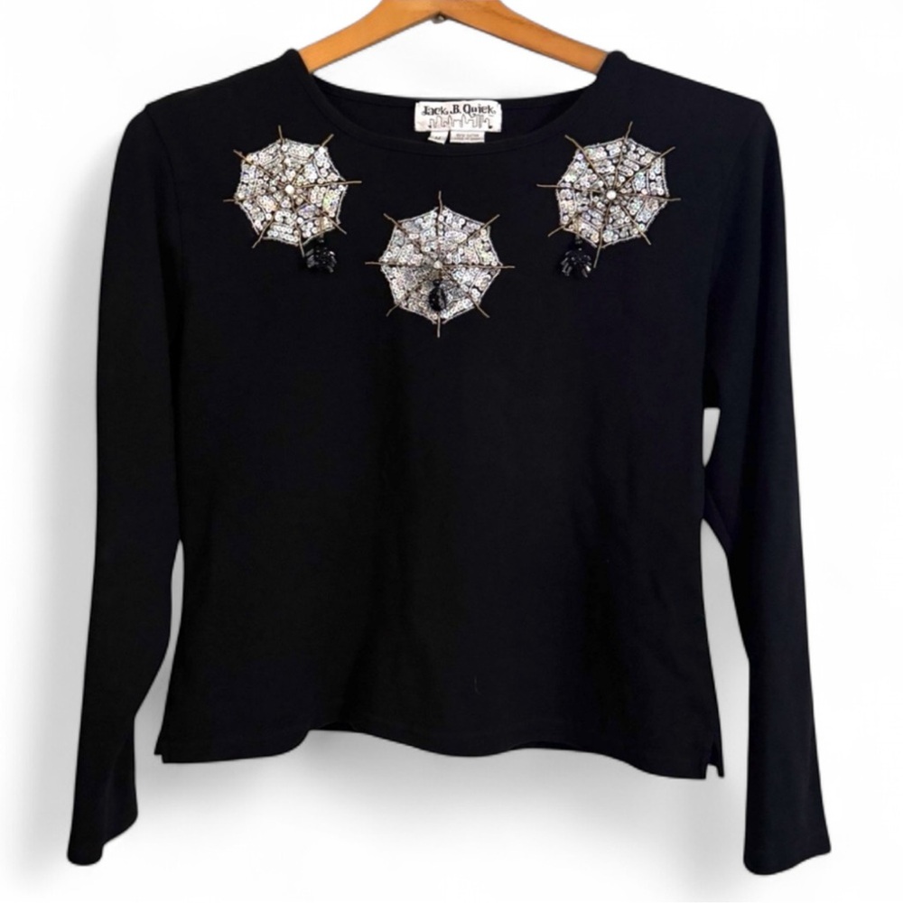 JACK B. QUICK Y2K Black Cotton LS Metallic Sequin & Beaded Spider Web Top Sz M